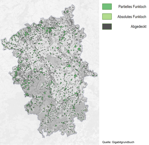 Karte des Rheinischen Reviers, welche Gebiete illustriert, die mit 5G versorgt sind und Gebiete, die partielle oder absolute Funklöcher sind.