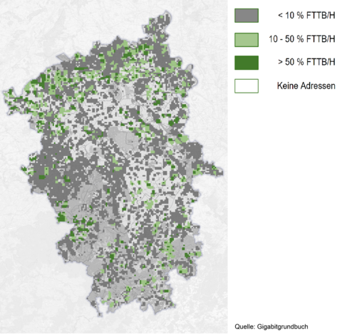 Karte des Rheinischen Reviers, welche die Glasfaserversorgung in 3 Abstufungen illustriert.