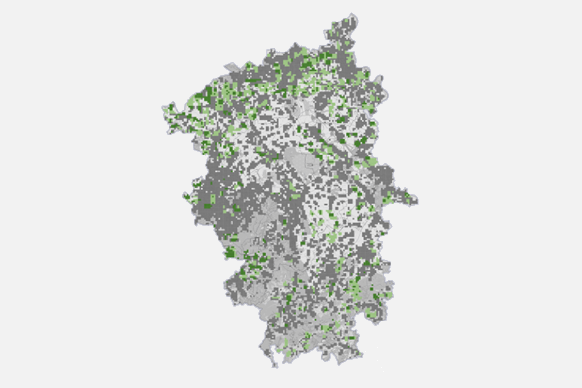 Karte des Rheinischen Reviers, welche die Glasfaserversorgung in 3 Abstufungen illustriert.